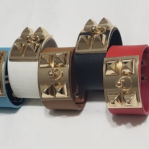 PYRAMID GOLD STUDDED  WIDE FAUX  LEATHER THREE BRACELET CUFF BANGLE WRISTBAND